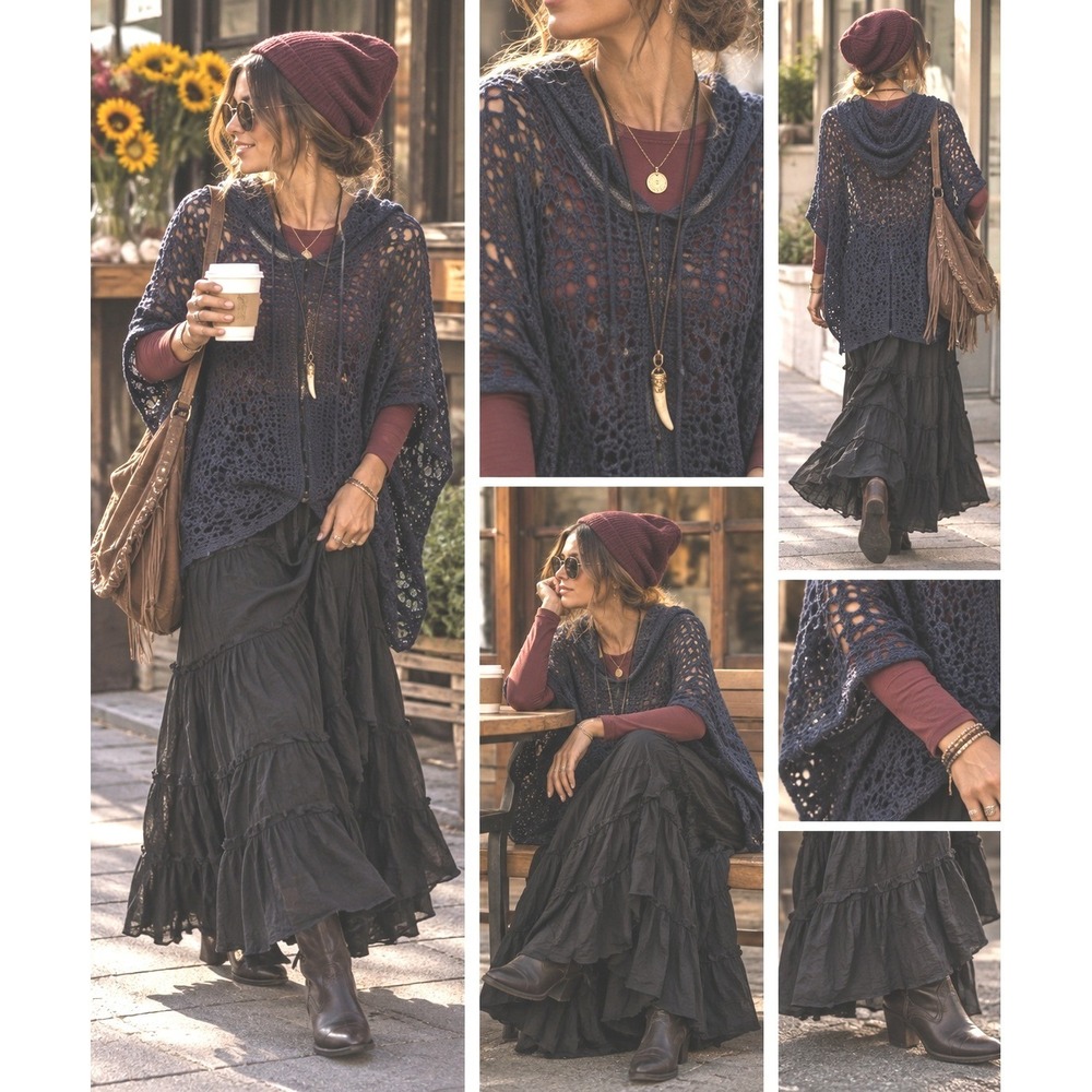 Monoreno crochet poncho deep navy comfort openwork vacation grunge coverup SM